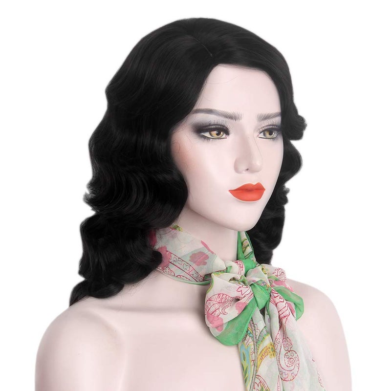 STfantasy Finger Wave Wig 1920s Retro Mid Length Long Curly Synthetic Hair for Women Cosplay Halloween Party Costume (Jet Black) - Image 3